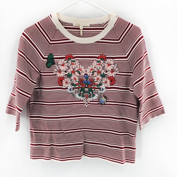 MAJE Marco Floral Embroidered Heart Striped Crewneck Sweater - Picture 4 of 7